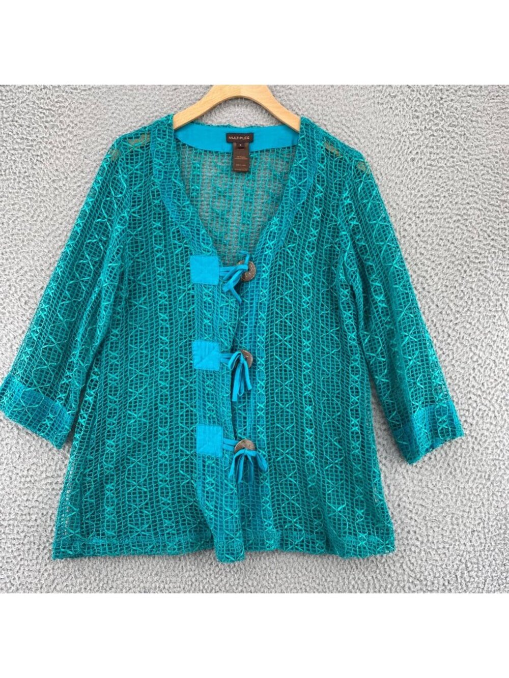 Multiples Sweater Womens Small Turquoise Cardigan Ribbon Loose Knit 3/4 Sleeves
